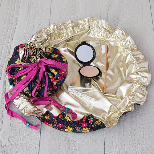 POUCH COSMETIC DRWSTRNG BLK WLDFLWRS