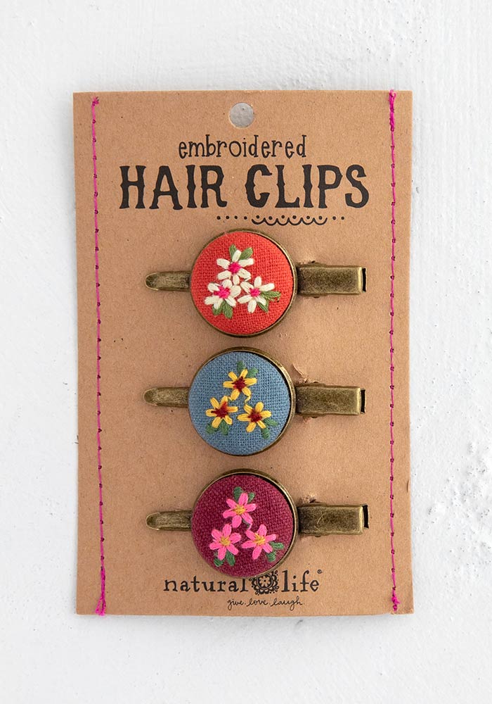 HAIRCLIPS SET 3 EMB BUTTON RED TEAL PLUM