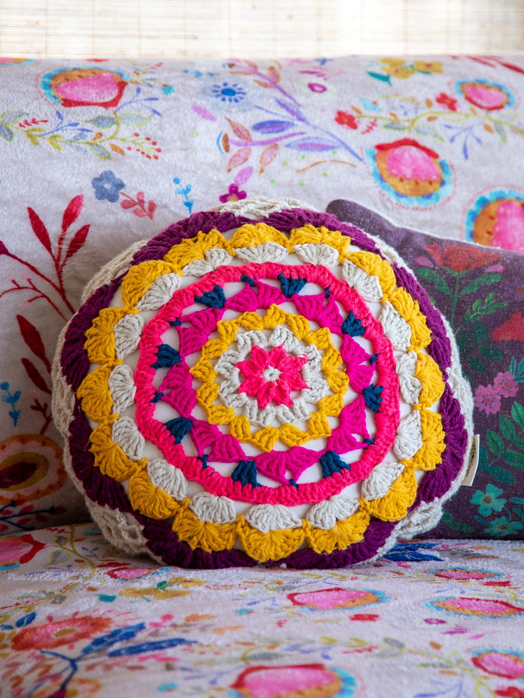 Crochet Cushion - Mustard/Cream Round