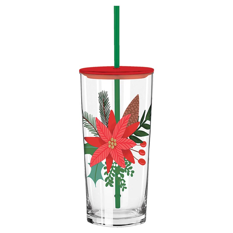 Glass Tumbler w/Straw - Poinsettia