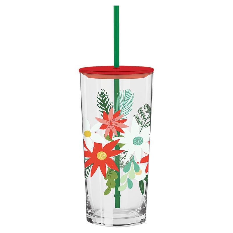 Glass Tumbler w/Straw - Poinsettia Pattern