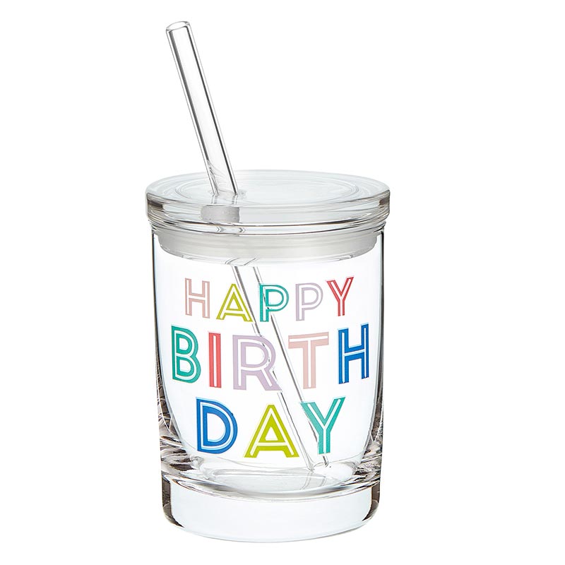 Glass DOF w/Lid & Straw-Happy Bday