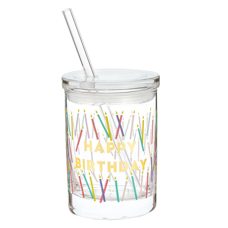 Glass DOF w/Lid & Straw- Happy Birthday Candles