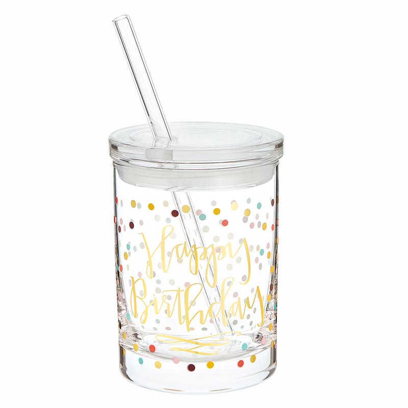 Glass DOF w/Lid & Straw - Happy Birthday