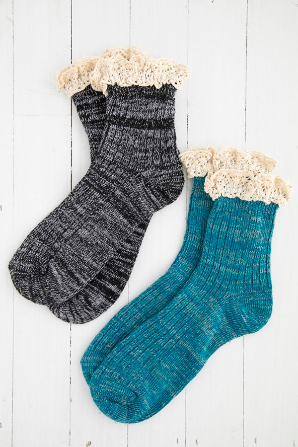 SOCK SET CROCHET RUFFLE TEAL/BLACK