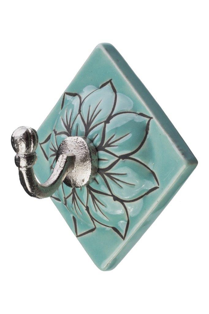 HOOK WALL CERAMIC GRN FLWR/SILVER HOOK