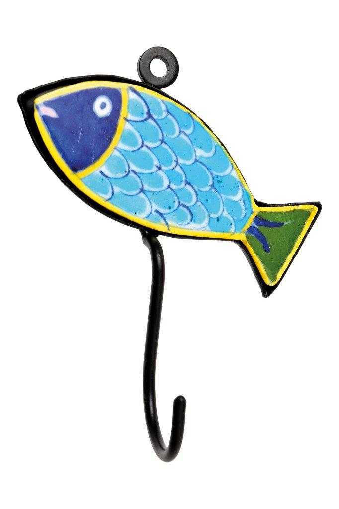 HOOK CERAMIC H/PAINTED TEAL FISH