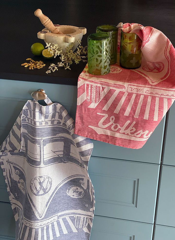VW T1 Bus Dish Towel 2/Set- Stripes/Vintage Red/Blue