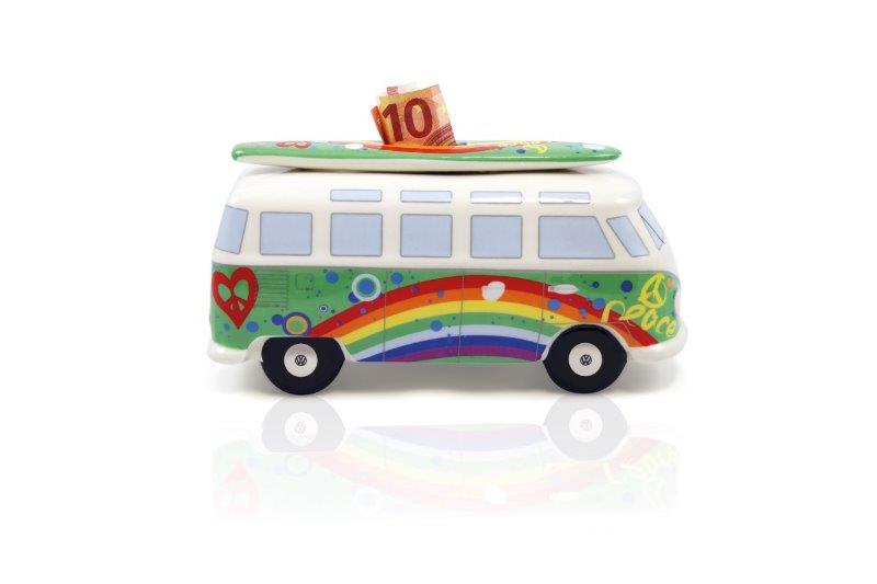 VW T1 BUS MONEY BANK (SCALE 1:18) WITH SURF BOARD IN GIFT BOX - PEACE