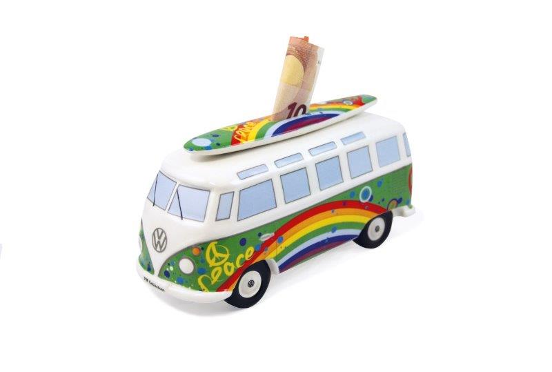 VW T1 BUS MONEY BANK (SCALE 1:18) WITH SURF BOARD IN GIFT BOX - PEACE
