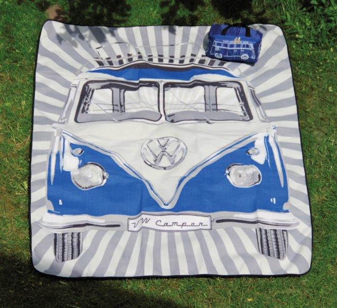 VW T1 BUS PICNIC BLANKET WITH CARRYING BAG - SAMBA STRIPES/BLUE