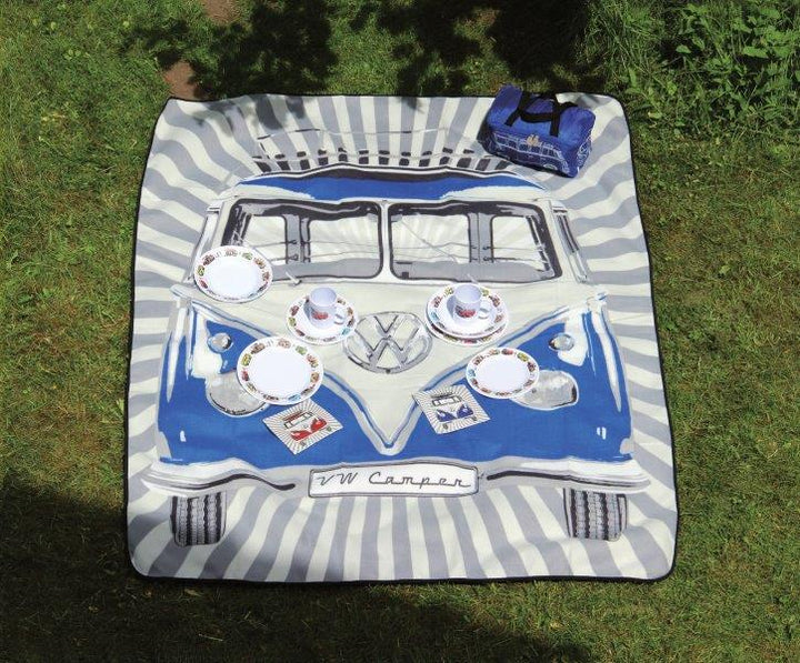 VW T1 BUS PICNIC BLANKET WITH CARRYING BAG - SAMBA STRIPES/BLUE