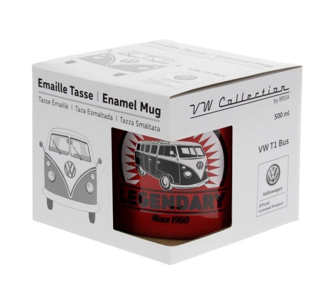 VW T1 BUS ENAMEL MUG 500ml IN GIFT BOX - VINTAGE LOGO/RED