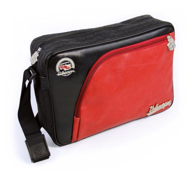 VW T1 BUS MESSENGER BAG WITH TIRE TREAD EDGING - VINTAGE LOGO/RED-BLACK