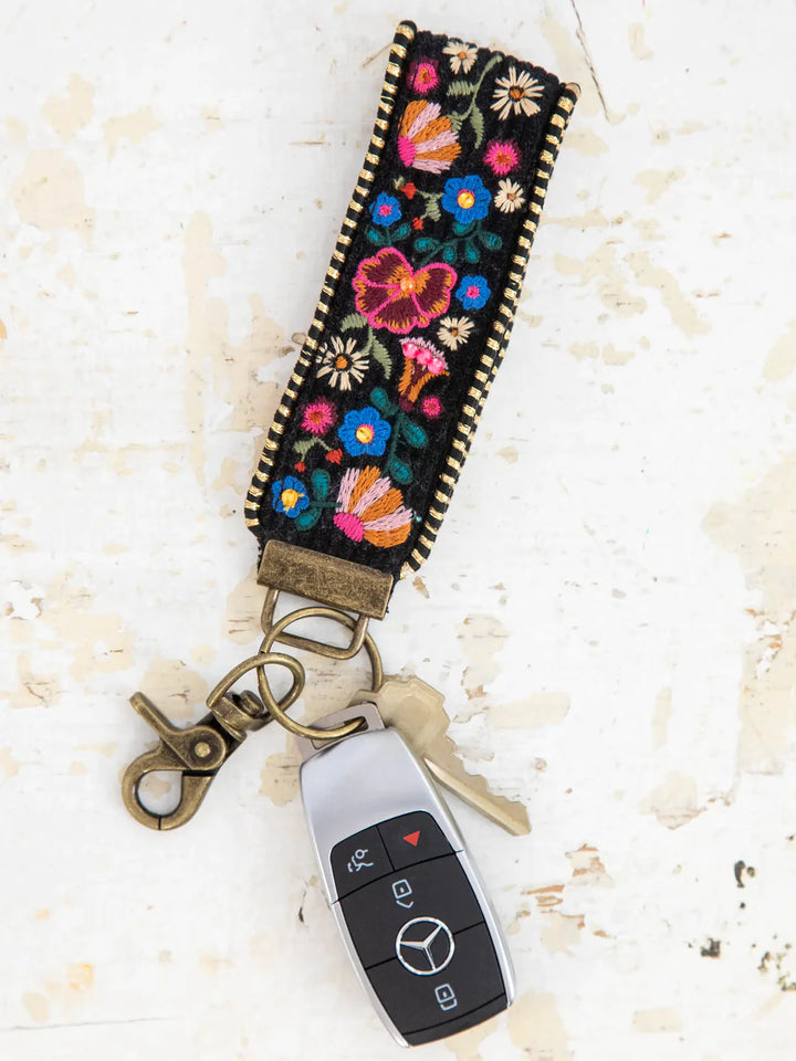 Embroidered Key Fob - Black Folk Flower