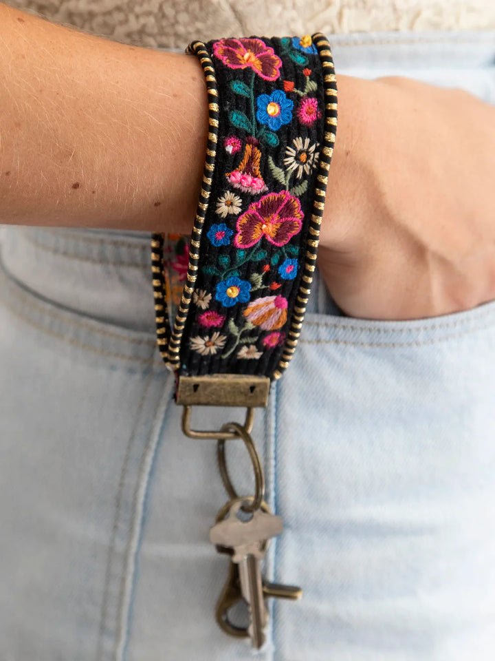 Embroidered Key Fob - Black Folk Flower