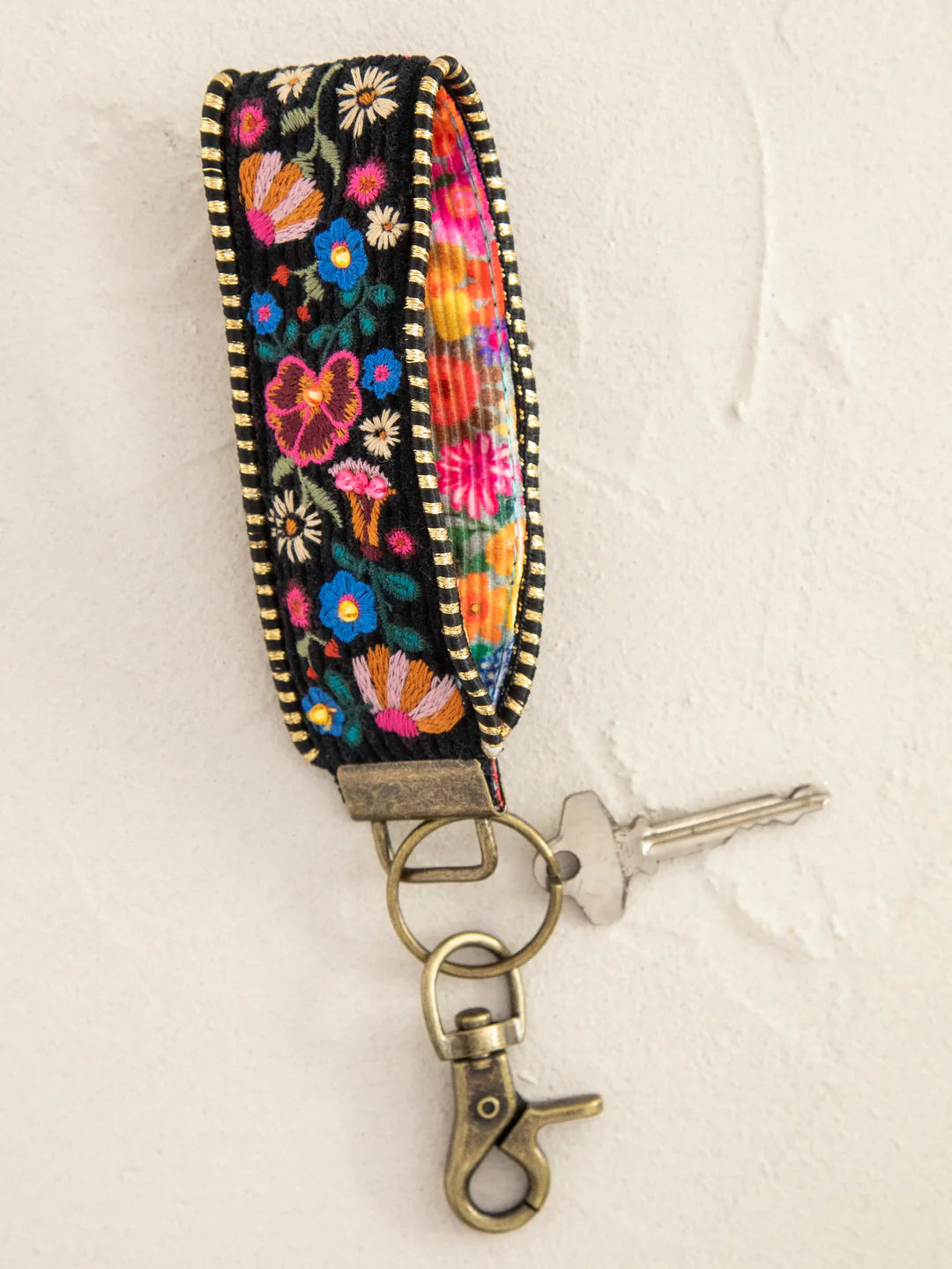 Embroidered Key Fob - Black Folk Flower