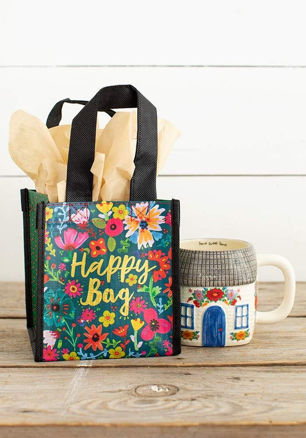 GIFT BAG RECYCLE SML HAPPY GOLD & FLORAL