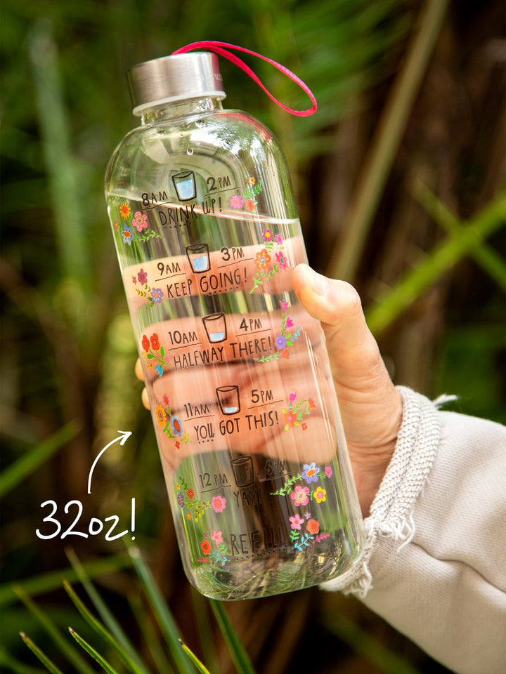 WATER BOTTLE GLASS FLORAL LARGE