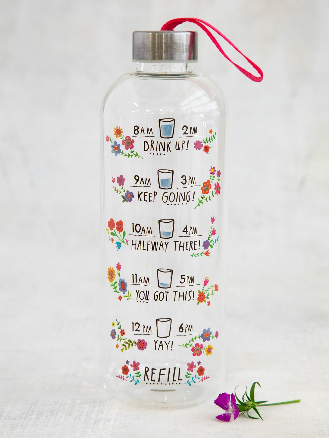 WATER BOTTLE GLASS FLORAL LARGE