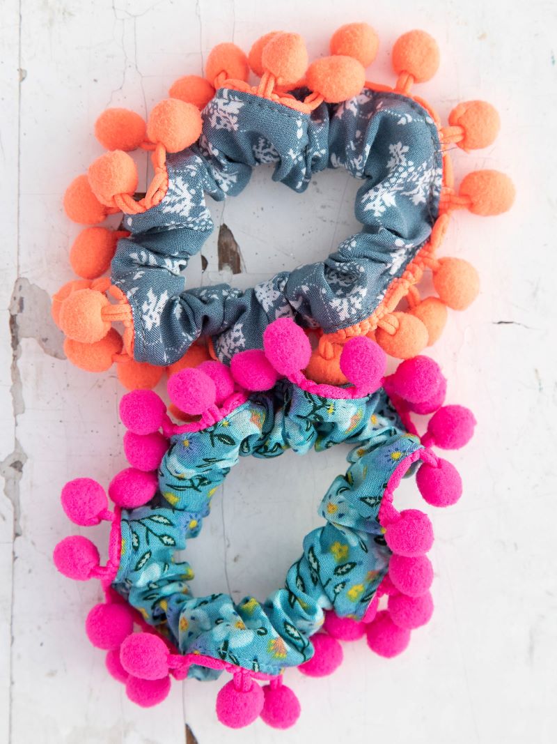 Pompom Scrunchies S/2 Pnk Floral