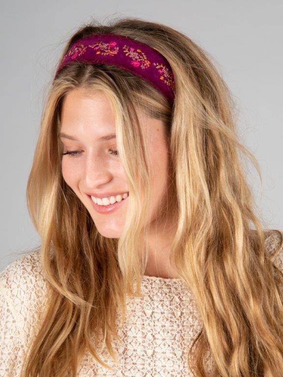 Embroidered Velvet Headband - Magenta