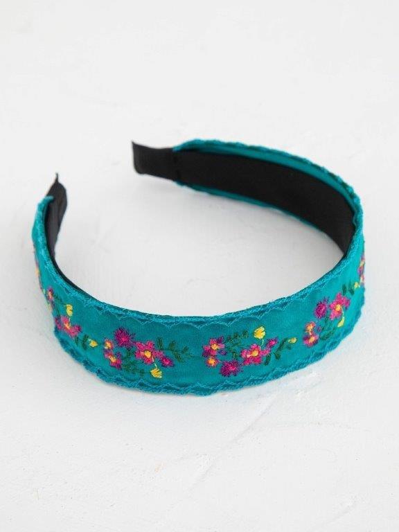Embroidered Velvet Headband - Turq