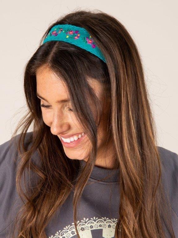 Embroidered Velvet Headband - Turq