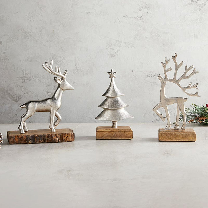 Silver Reindeer w/Wood Base - Holiday