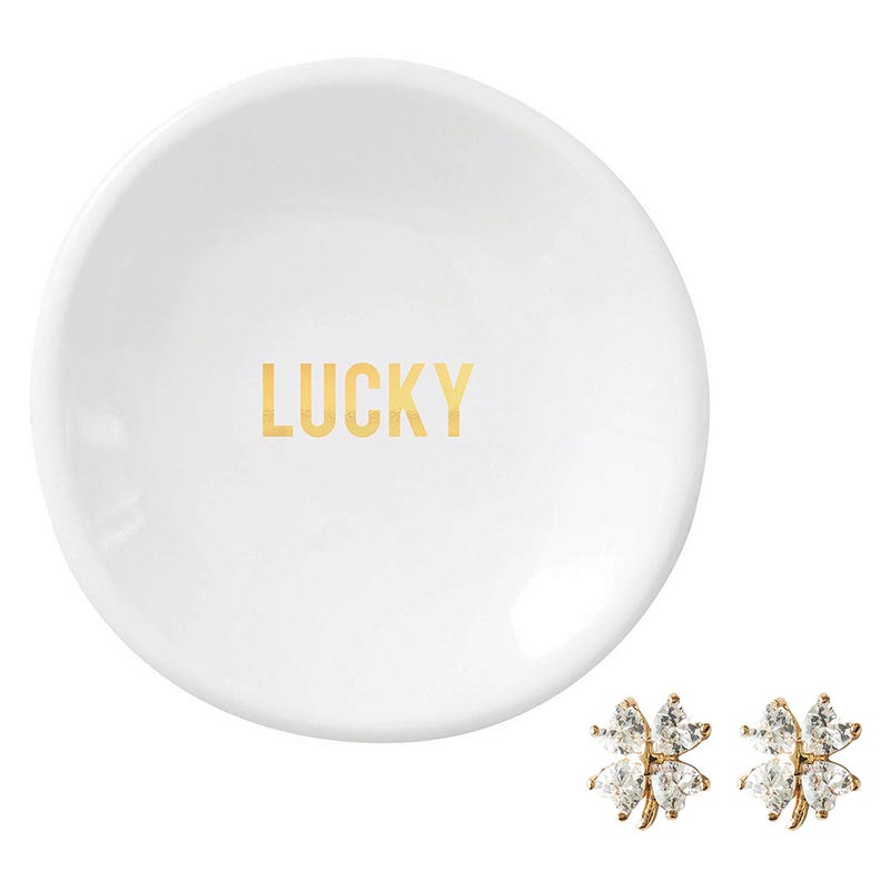 Ceramic Ring Dish & Earrings - Lucky