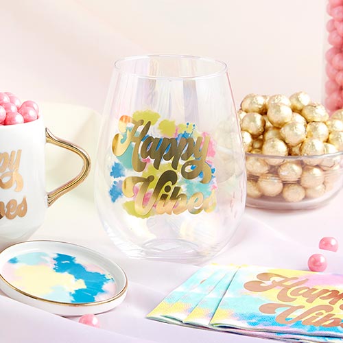 Jumbo Stemless Wine Glass - Happy Vibes
