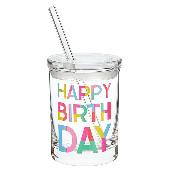 Glass DOF w/Lid & Straw - Happy Birthday