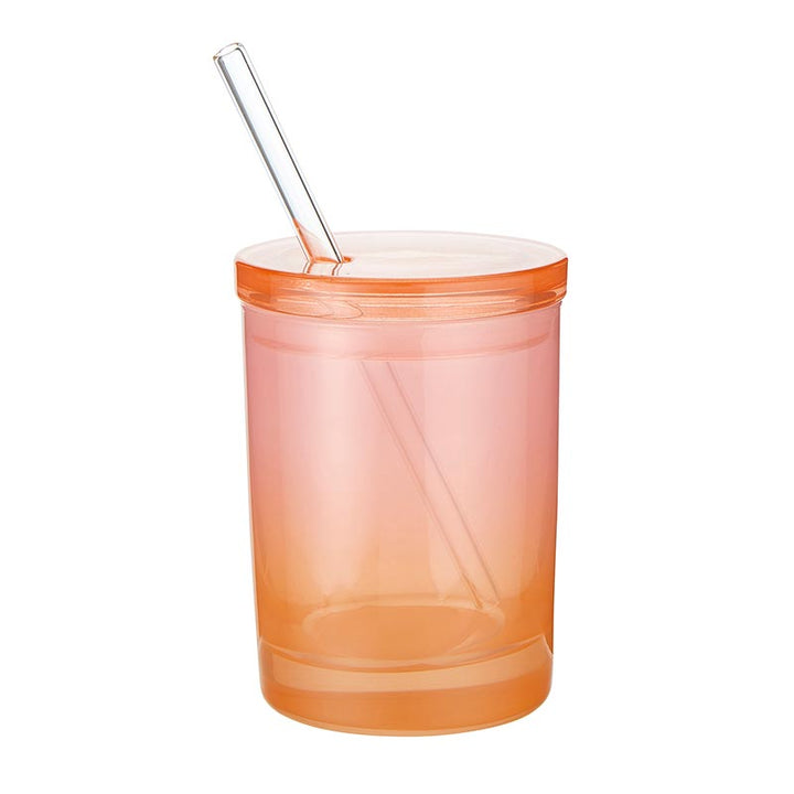 Glass DOF w/Lid & Straw - Pink/Orange