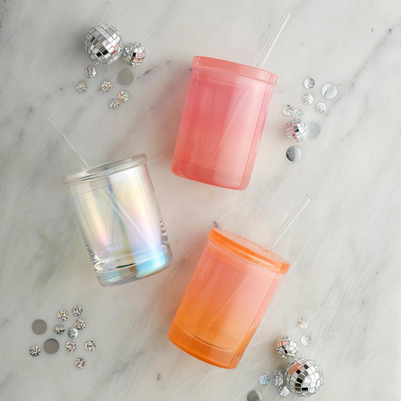 Glass DOF w/Lid & Straw - Pink/Orange