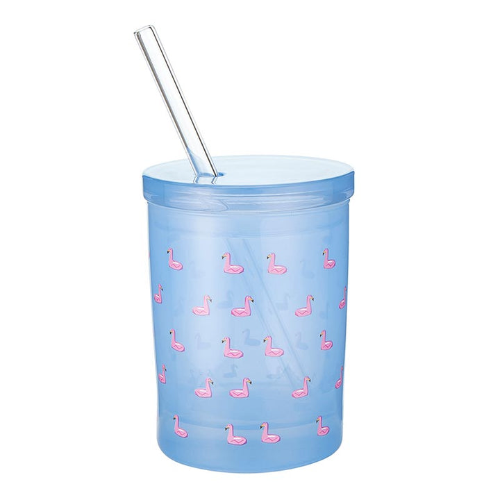 Glass DOF w/Lid & Straw- Flamingo Pattern