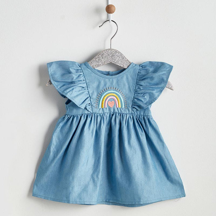 Flutter Sleeve Dress - Denim Rainbow 3-6 Months