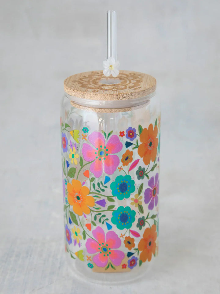 Glass Tumbler - w/Lid & Straw Flower