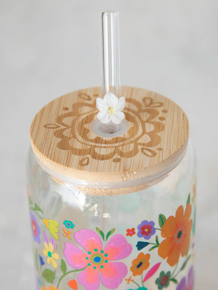 Glass Tumbler - w/Lid & Straw Flower