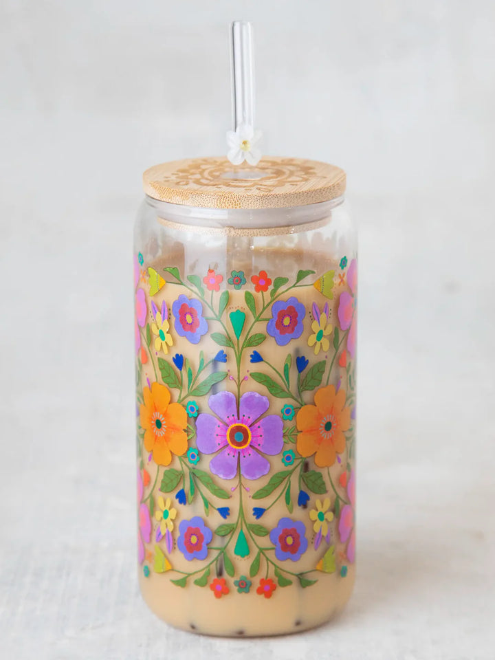 Glass Tumbler - w/Lid & Straw Flower