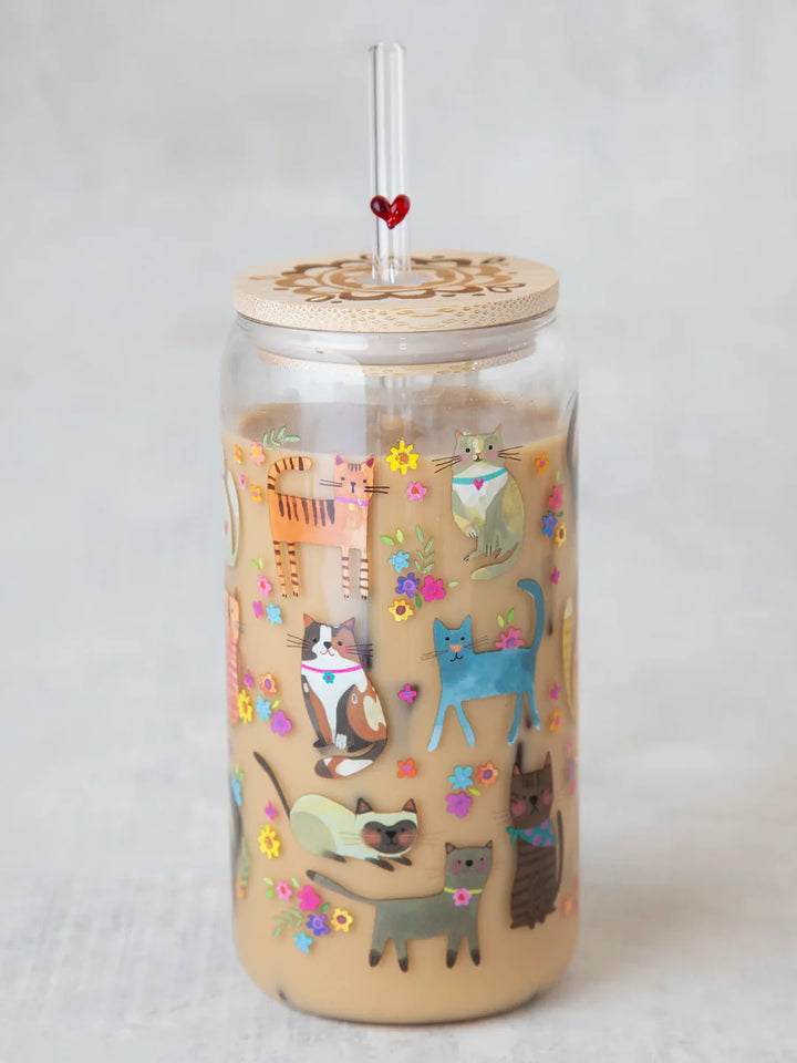 Glass Tumbler - w/Lid & Straw Cat