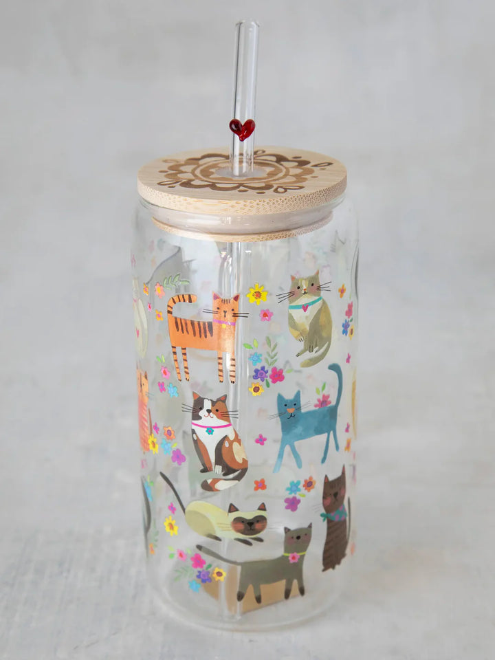 Glass Tumbler - w/Lid & Straw Cat