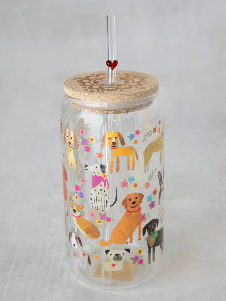 Glass Tumbler - w/Lid & Straw Dog