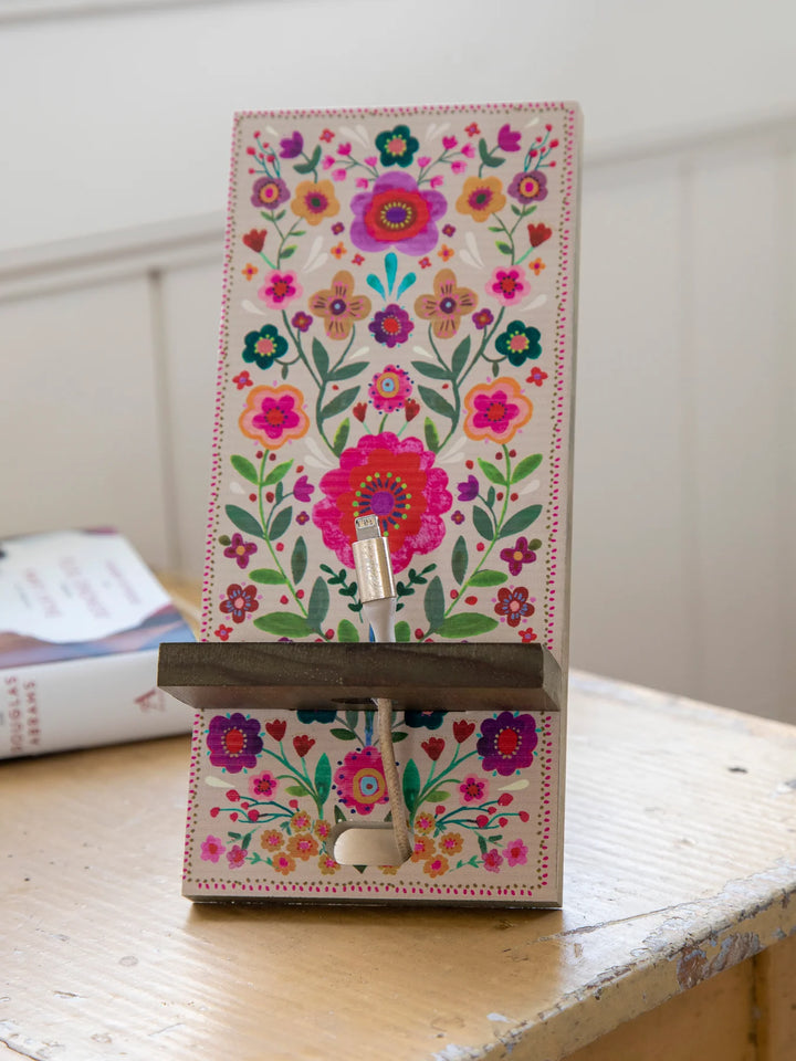 PHONE STAND WOOD CREAM FOLK FLORAL