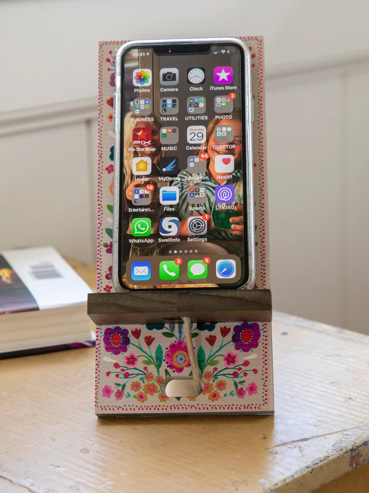 PHONE STAND WOOD CREAM FOLK FLORAL